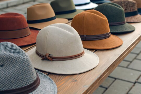 Assorted Hats Displayed on a Wooden Table fedora trilby Mockup - Powered by Adobe