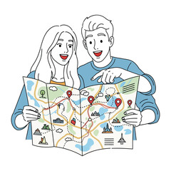 Travel Route Adventure: A couple examines a meticulously illustrated map, their faces alight with the thrill of an impending adventure. Capturing the spirit of exploration.