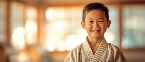 The smiling young boy practicing martial arts in a traditional dojo setting.