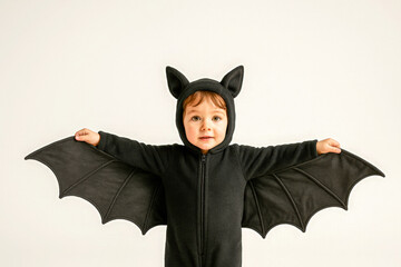 Cute young boy dressed in a black bat costume with wings and ears, arms outstretched against a plain background, fun Halloween child portrait perfect for costumes, parties, trick or treat