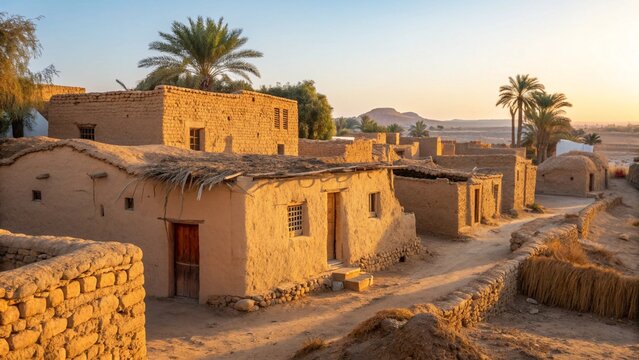 "Traditional Egyptian houses made of mud bricks in warm daylight"