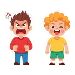 Children's Emotional Spectrum: A captivating illustration vividly portrays the dynamic emotions of two children - one consumed by anger, the other radiating playful, mischievous joy.