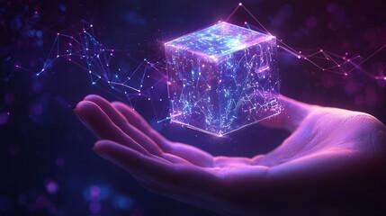 Futuristic glowing cube floating above human hand, digital hologram projection, abstract technology visualization, artificial intelligence and blockchain innovation concept, science background