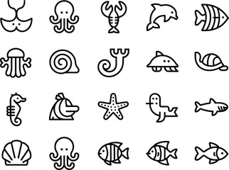Marine life icons, octopus, lobster, dolphin, fish, jellyfish, sea shell, seahorse, starfish, snail, sea turtle, shark, underwater creatures