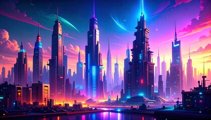 Futuristic Cityscape at Sunset, Digital Art