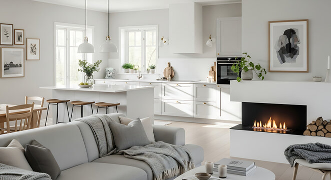 A bright open concept living space with a modern kitchen and cozy fireplace in a stylish home setting ai generated