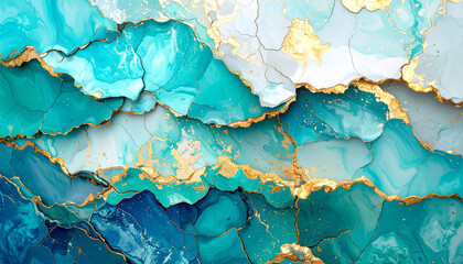 Abstract background with blue, turquoise and teal marble texture accented with golden cracks. Elegant fluid art design with vibrant ocean tones and luxurious shimmering details.