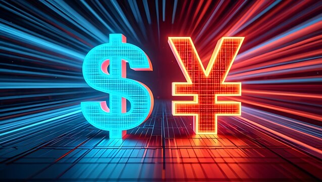 Glowing blue dollar sign and red yen symbol illuminated against a dark background with bright light streaks symbolizing financial exchange and global currency