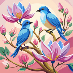 Two bluebirds perched among blooming magnolia flowers in spring