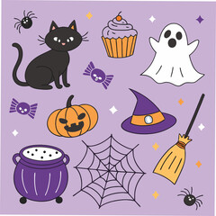Cute halloween elements collection featuring a black cat pumpkin ghost and witch hat