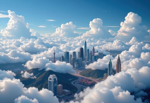 a futuristic landscape with digital clouds storing information above cities producing instant communication streams and seamless knowledge exchange across the world