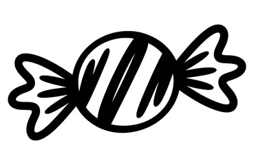 Hand drawn sketch illustration of wrapped candy in black and white vector style