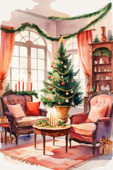 Obraz premium Watercolor Holiday Living Room with Tree, Gifts, and Cozy Atmosphere