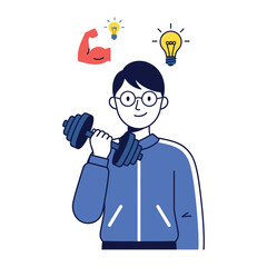 Strength of mind: An illustration showcases a person lifting weights with a backdrop of both the symbol of a bright idea and the symbol of an arm muscle.