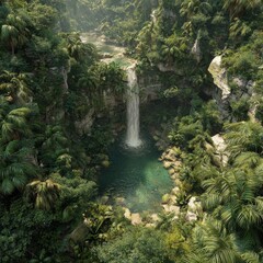 Lush Jungle Waterfall Aerial View, Tranquil Pool, Background Plants, Travel Poster