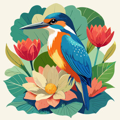 Vibrant kingfisher bird perched among colorful lotus flowers and green leaves