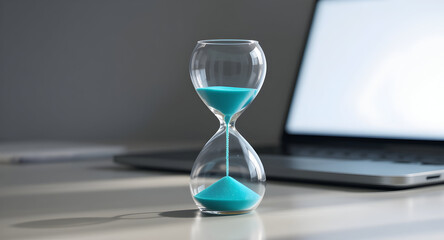 Hourglass with Turquoise Sand and Laptop: Symbol of Time, Deadlines, and Productivity on a White Surface
