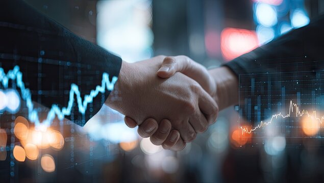 Business partnership handshake with superimposed financial data graphs