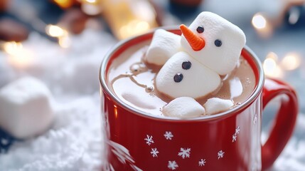 Cozy winter hot chocolate with adorable marshmallow snowman floating in red festive mug, surrounded by soft blurred holiday lights and snowflakes