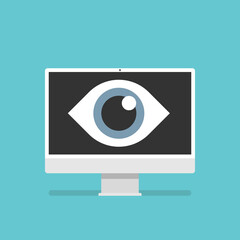 Computer display with watchful eye of big brother. Surveillance, privacy, personal data, spyware, government control, cyber attack and monitoring concept. Flat design. EPS 8 vector illustration