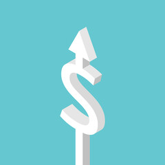 Dollar sign with upwards arrow. Financial success, money, wealth, growth, profit, investment, exchange rate, income, price, earnings, increase and rise concept. Flat design. EPS 8 vector illustration