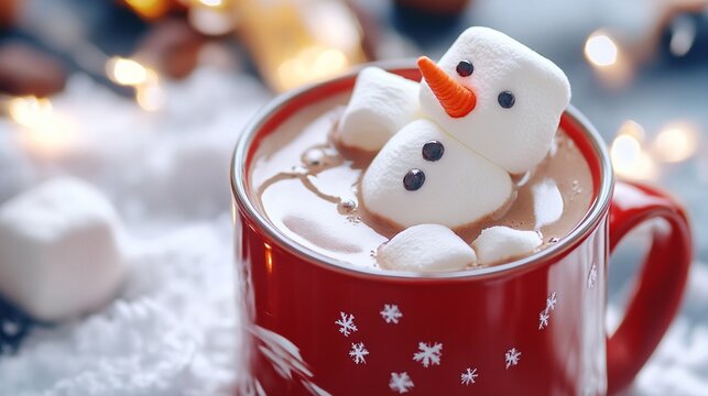 Cozy winter hot chocolate with adorable marshmallow snowman floating in red festive mug, surrounded by soft blurred holiday lights and snowflakes