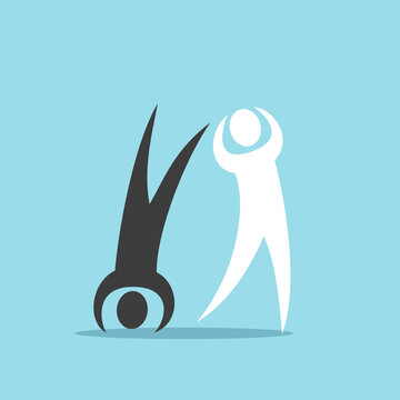 Happy optimistic crazy man upside down and pessimistic despaired depressed one. Bipolar disorder, stress, calmness, joy, positive and negative emotion concept. Flat design. EPS 8 vector illustration