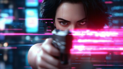 Epic cinematic digital art of strong cyberpunk heroine standing under neon lights in futuristic megacity, holding energy weapon while surrounded by holographic advertisements.