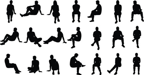 Silhouettes of people sitting in various postures, legs crossed, extended, bent, casual poses, ergonomic study, vector illustration design collection