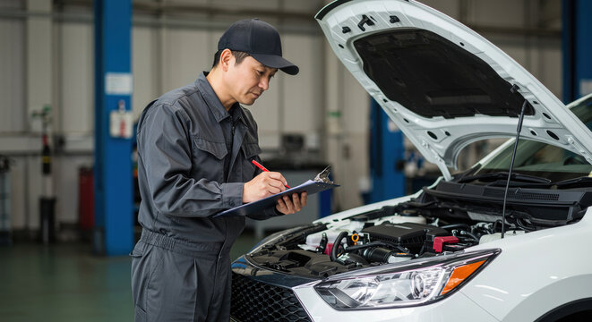 車の点検を行うアジア人整備士