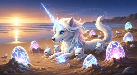 Magical unicorn family on beach at sunset with glowing eggs and sparkling magic, fantasy