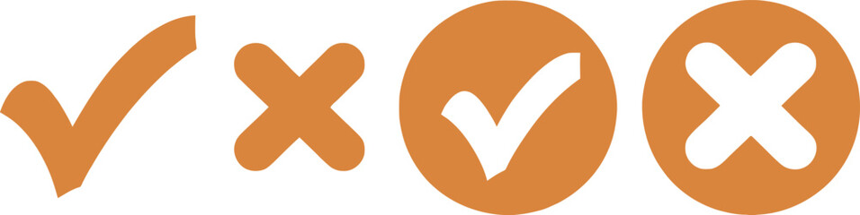 Fototapeta premium Brown Tick Cross Mark Icons Set Approval Denial Choice On White Background