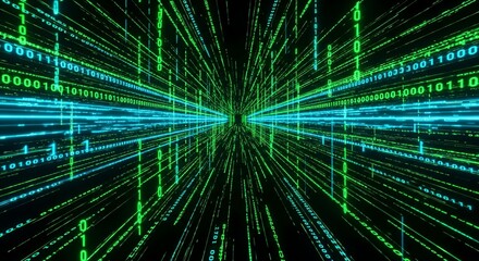 Cyberpunk digital matrix with binary code streaming data visualization