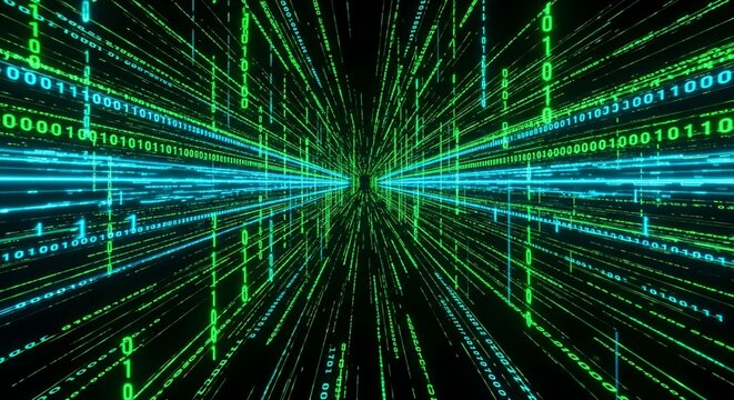 Cyberpunk digital matrix with binary code streaming data visualization - Powered by Adobe