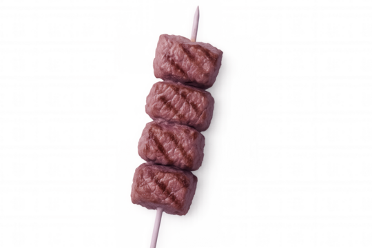 Grilled meat cubes skewered, presenting golden-brown protein pieces against clean transparent background