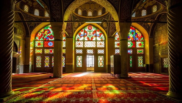 Nasir al-Mulk Mosque Colorful Stained Glass Interior Sunlight