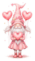 Valentine's Day Gnome with Pink Heart Balloons for Romantic Holiday