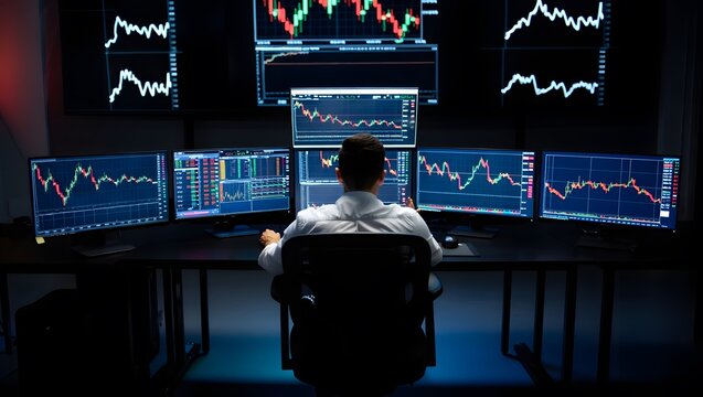 Professional Stock Trader Analyzing Charts Multiple Screens