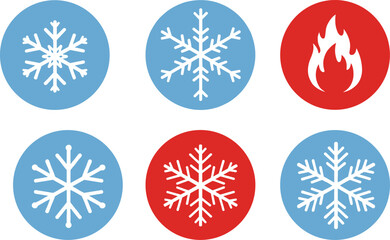 Snowflake icon set, fire symbol, heating and cooling design, temperature control illustration, HVAC elements, hot and cold weather