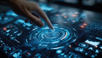 Finger interacts with a futuristic, glowing digital interface displaying data visualizations and interactive elements