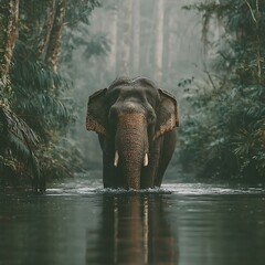 Fototapeta premium Elephant walking in river jungle high resolution picture