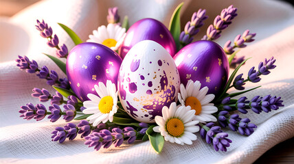 Delicate pastel egg with lavender flowers and daisies in bloom