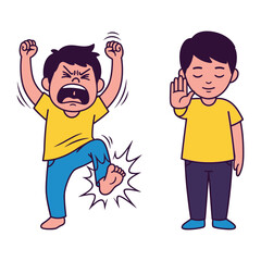 Conflict and Resolution: Depicting a child consumed by anger and another exhibiting calmness in a vibrant illustration, highlighting emotional dynamics