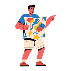 Lost in Translation: A curious figure with map in hand, navigating an intriguing visual cartography filled with the colors of adventure. A tale of exploration.