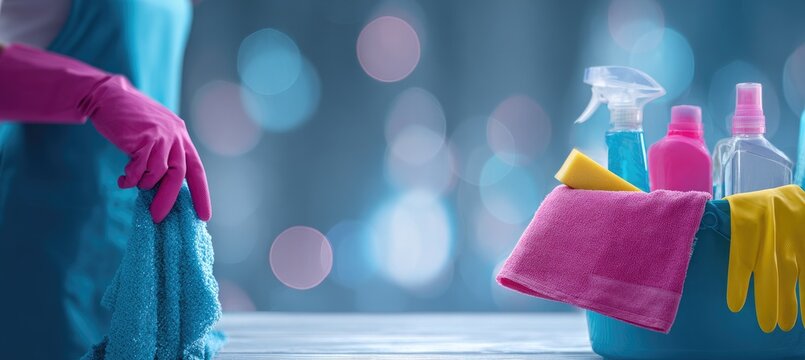 Cleaning supplies in a caddy with a person in pink gloves holding a blue cloth - Powered by Adobe