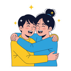 Joyful Embrace: A cheerful duo, brimming with happiness, share a warm hug against a backdrop of playful sparkle. Embodying closeness and positive vibes.