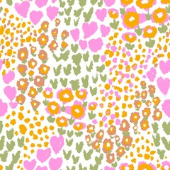 A vibrant, abstract seamless pattern featuring a mix of colorful dots and irregularly shaped flowers combined with animal print