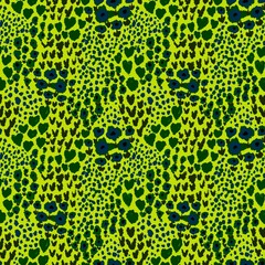 A vibrant, abstract seamless pattern featuring a mix of colorful dots and irregularly shaped flowers combined with animal print