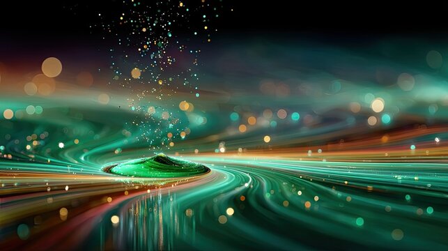 A radioactive green energy drop impacting a futuristic holographic panel, emitting digital fractal patterns and glowing mist, high-tech vibe
