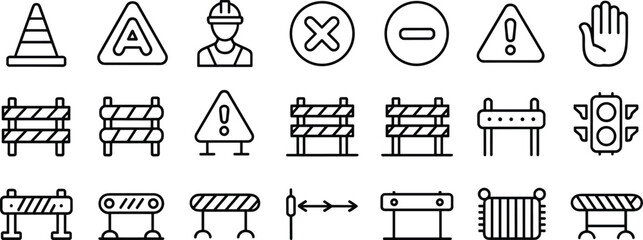 Construction safety icons, traffic cones, barriers, warning signs, road work, worker, stop hand, danger, traffic light, flat vector illustration
